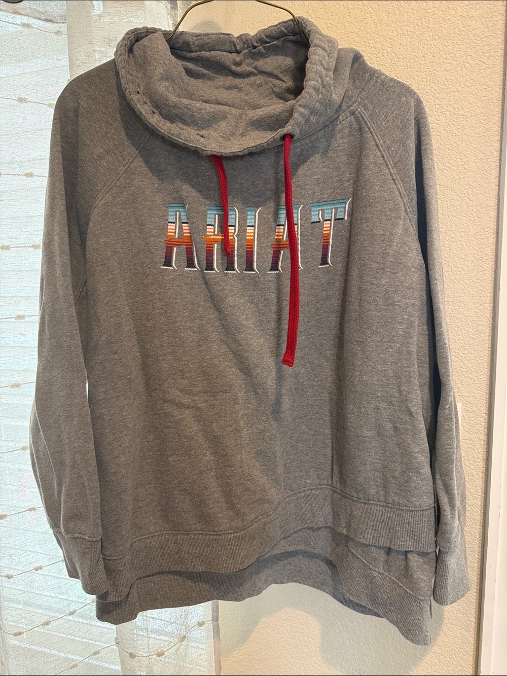 Women's Ariat Grey Pullover Sweater with Red Drawstring